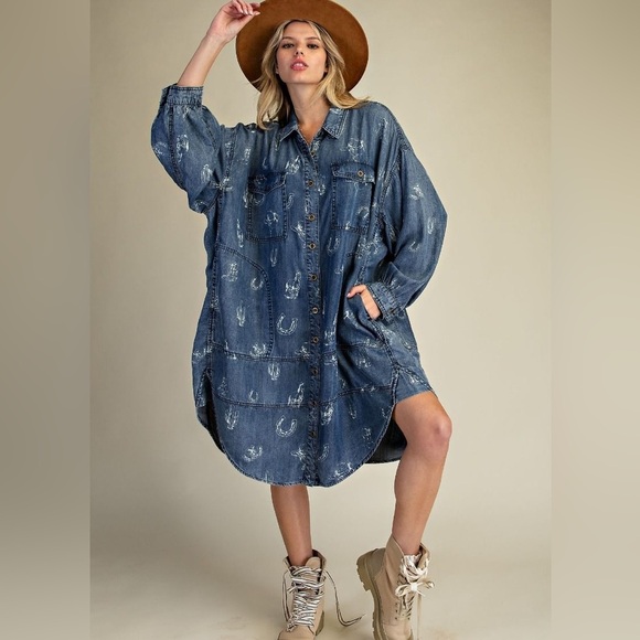easel Dresses & Skirts - Easel Denim Western Print Long Sleeve Dress